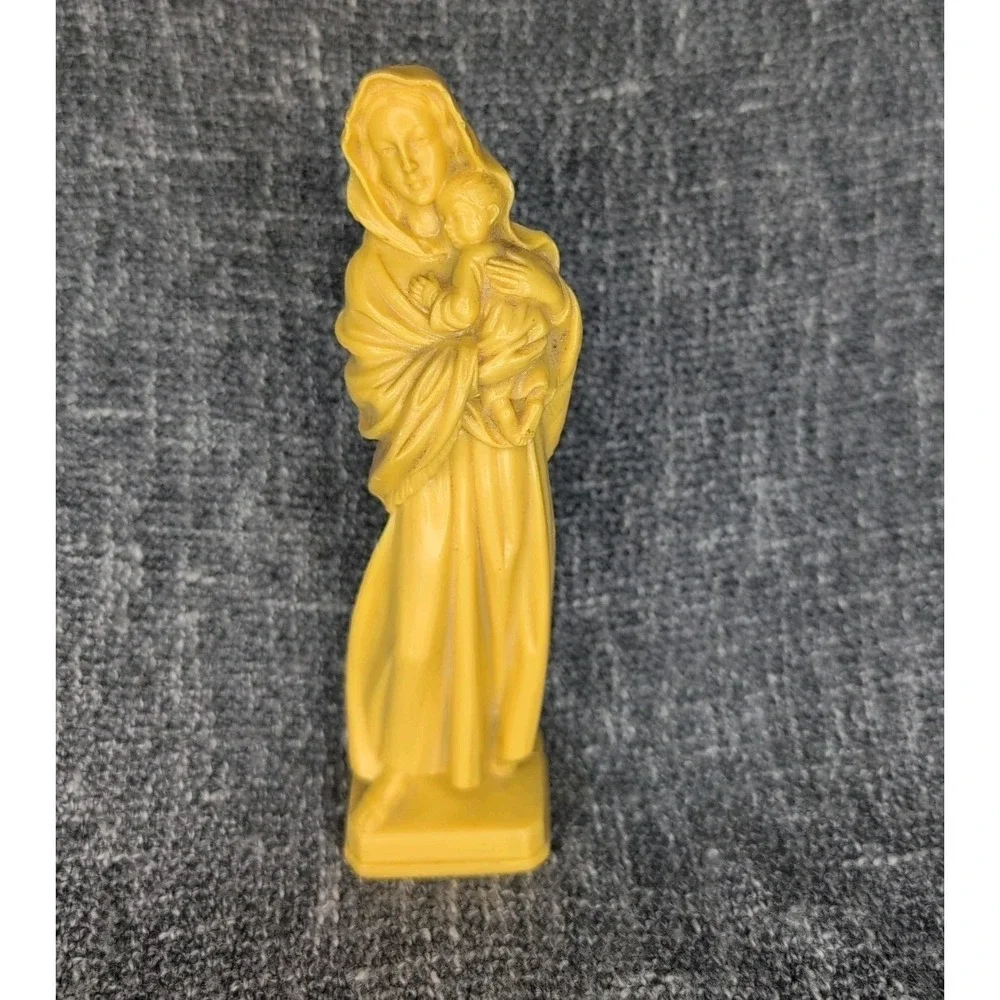 Vintage Madonna & Child Figurine Yellow Virgin Mary Statue Religious Decor 6.5